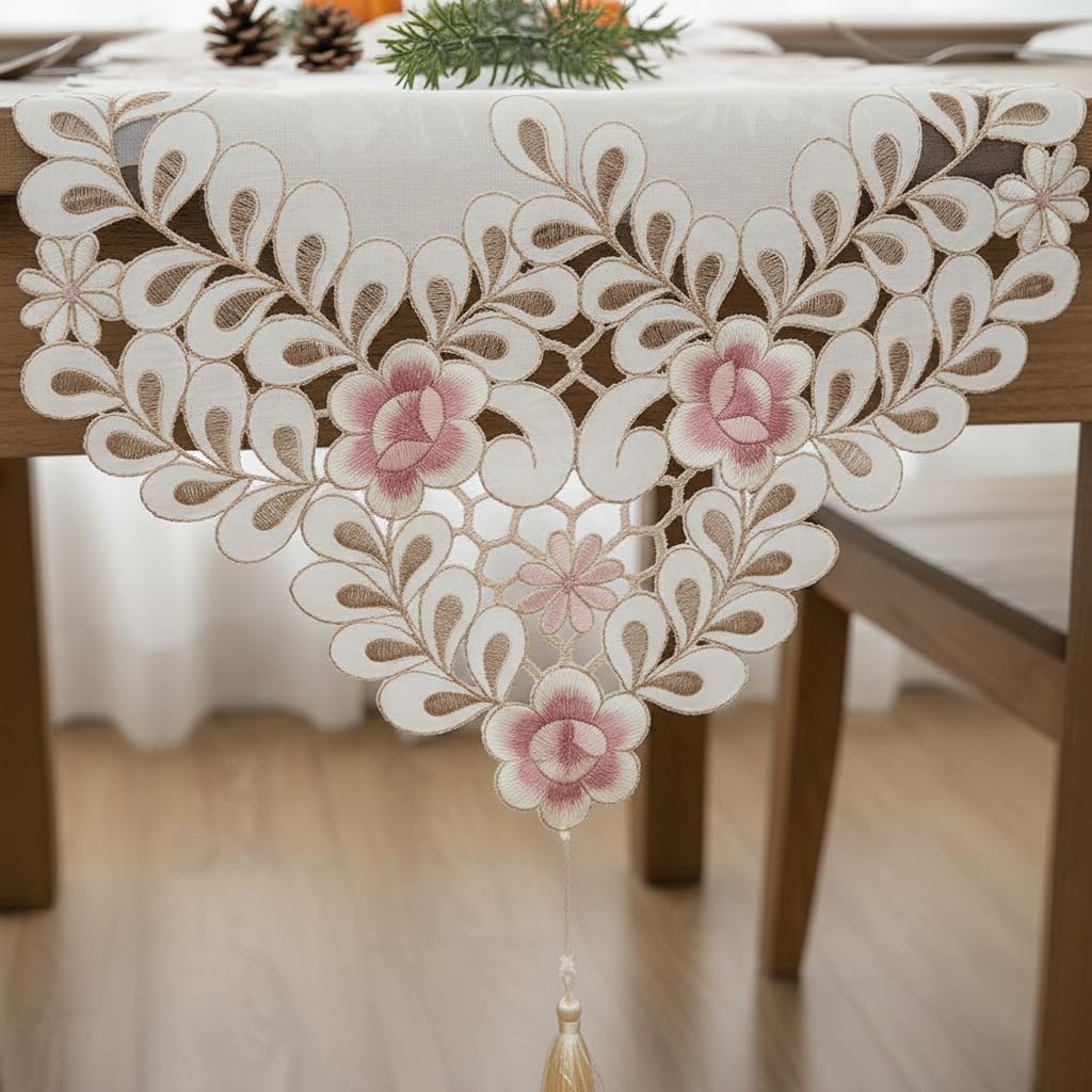 Classic Flowers Dining Table Runner Embroidery Tassel Floral Lace Table Runners for Home Dining Table Decoration
