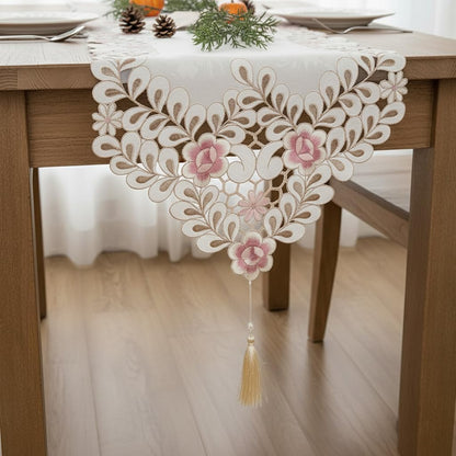Classic Flowers Dining Table Runner Embroidery Tassel Floral Lace Table Runners for Home Dining Table Decoration