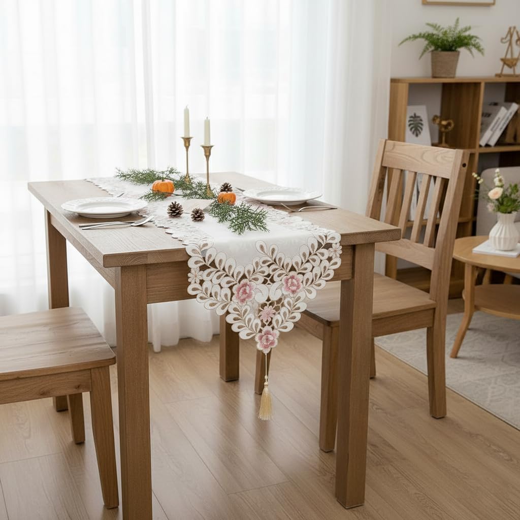 Classic Flowers Dining Table Runner Embroidery Tassel Floral Lace Table Runners for Home Dining Table Decoration