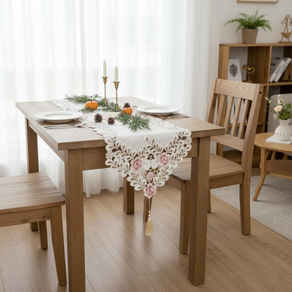 Classic Flowers Dining Table Runner Embroidery Tassel Floral Lace Table Runners for Home Dining Table Decoration