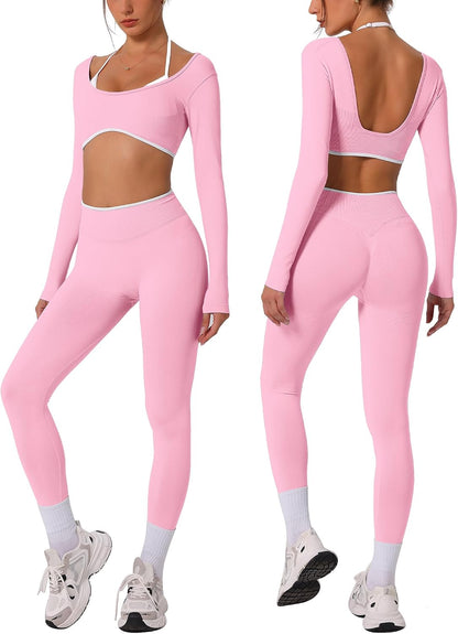 ABOCIW Workout Sets for Women Long Sleeve Crop Top Scrunch Butt Lifting High Waist Leggings 2 Piece Gym Yoga Outfits