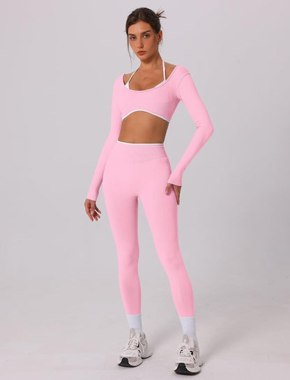ABOCIW Workout Sets for Women Long Sleeve Crop Top Scrunch Butt Lifting High Waist Leggings 2 Piece Gym Yoga Outfits