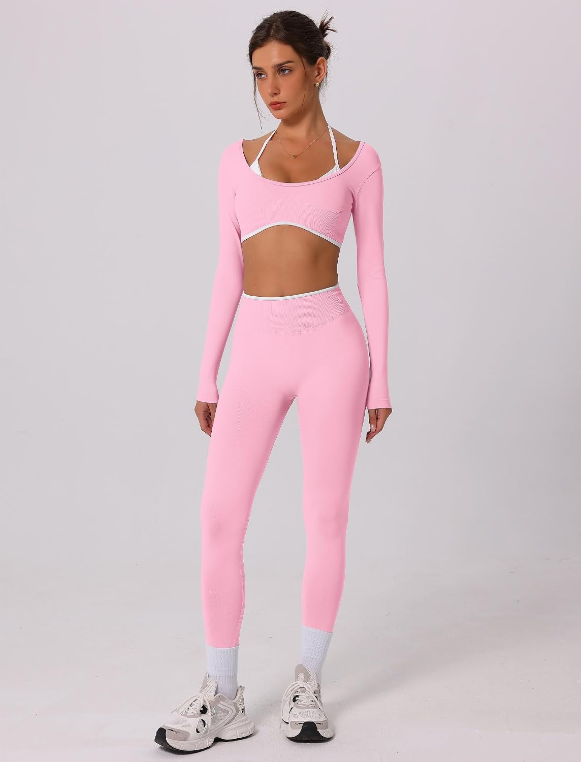 ABOCIW Workout Sets for Women Long Sleeve Crop Top Scrunch Butt Lifting High Waist Leggings 2 Piece Gym Yoga Outfits