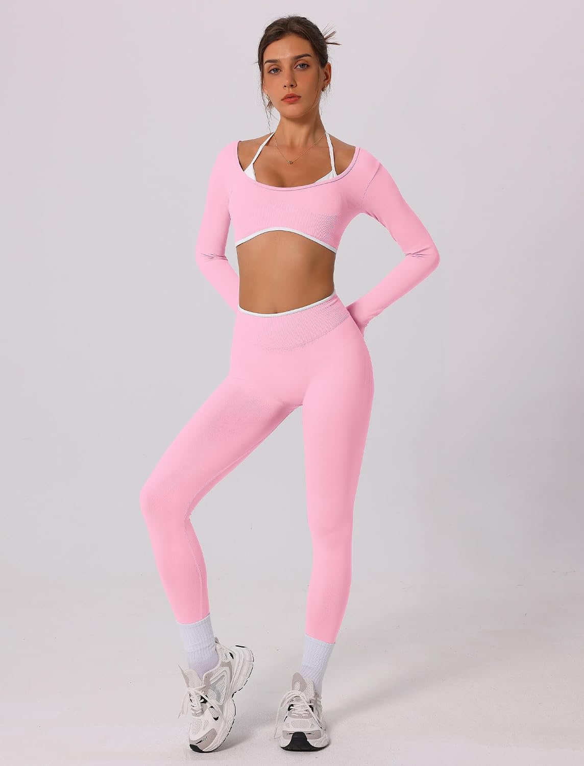 ABOCIW Workout Sets for Women Long Sleeve Crop Top Scrunch Butt Lifting High Waist Leggings 2 Piece Gym Yoga Outfits