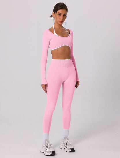 ABOCIW Workout Sets for Women Long Sleeve Crop Top Scrunch Butt Lifting High Waist Leggings 2 Piece Gym Yoga Outfits