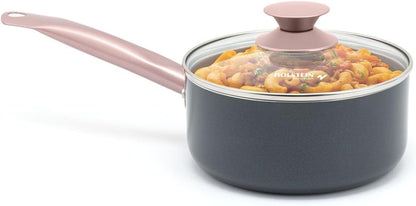 Housewares 2.5QT Ceramic Nonstick Saucepan with Glass Lid, Multipurpose Sauce Pan with Stainless Steel Handle, Induction Bottom – Stylish, Durable & Easy to Clean, Cool Grey & Rose Gold