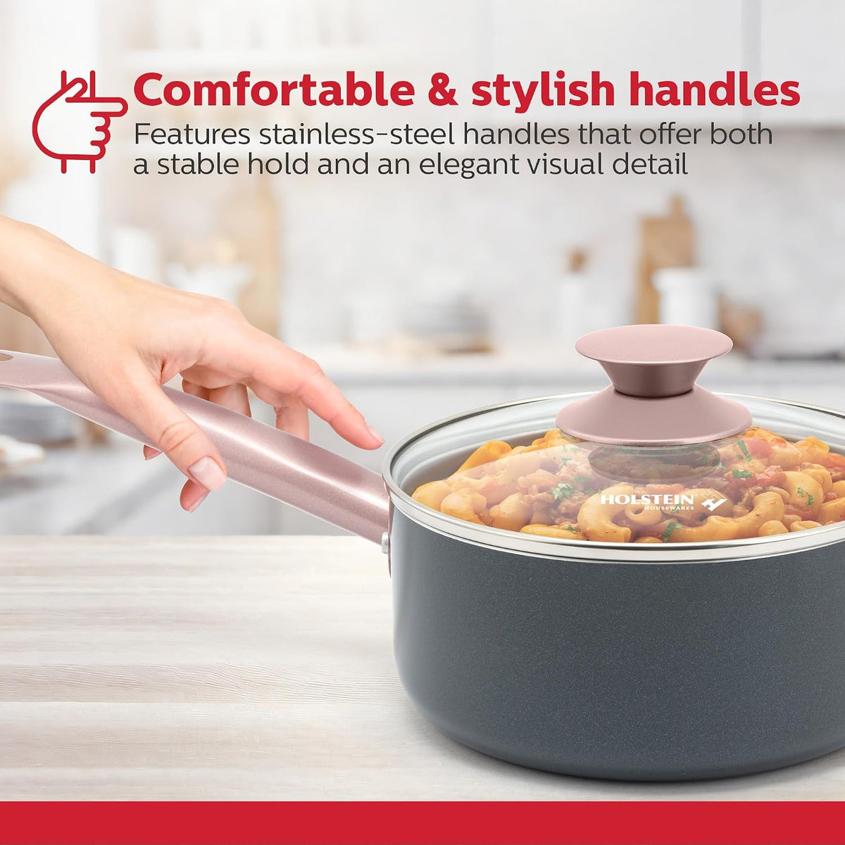 Housewares 2.5QT Ceramic Nonstick Saucepan with Glass Lid, Multipurpose Sauce Pan with Stainless Steel Handle, Induction Bottom – Stylish, Durable & Easy to Clean, Cool Grey & Rose Gold