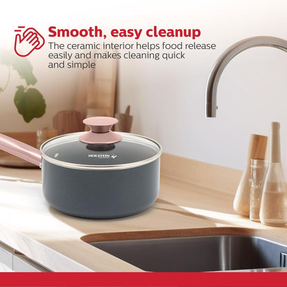 Housewares 2.5QT Ceramic Nonstick Saucepan with Glass Lid, Multipurpose Sauce Pan with Stainless Steel Handle, Induction Bottom – Stylish, Durable & Easy to Clean, Cool Grey & Rose Gold