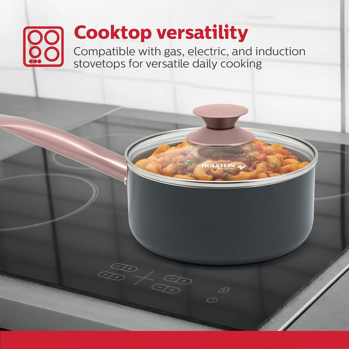 Housewares 2.5QT Ceramic Nonstick Saucepan with Glass Lid, Multipurpose Sauce Pan with Stainless Steel Handle, Induction Bottom – Stylish, Durable & Easy to Clean, Cool Grey & Rose Gold