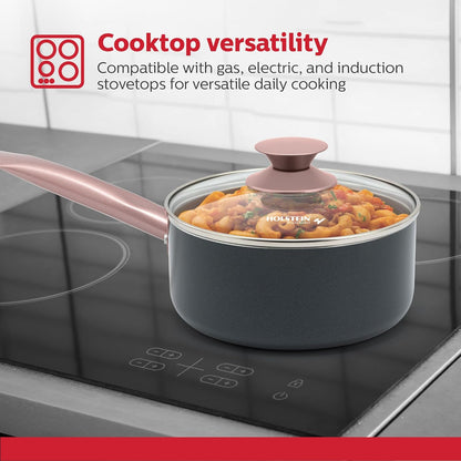 Housewares 2.5QT Ceramic Nonstick Saucepan with Glass Lid, Multipurpose Sauce Pan with Stainless Steel Handle, Induction Bottom – Stylish, Durable & Easy to Clean, Cool Grey & Rose Gold