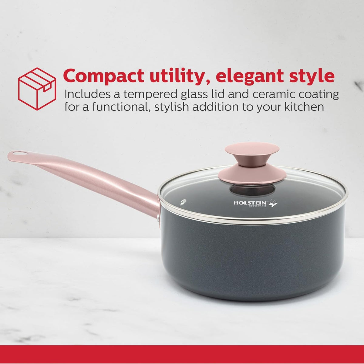 Housewares 2.5QT Ceramic Nonstick Saucepan with Glass Lid, Multipurpose Sauce Pan with Stainless Steel Handle, Induction Bottom – Stylish, Durable & Easy to Clean, Cool Grey & Rose Gold