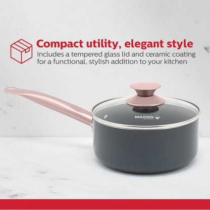 Housewares 2.5QT Ceramic Nonstick Saucepan with Glass Lid, Multipurpose Sauce Pan with Stainless Steel Handle, Induction Bottom – Stylish, Durable & Easy to Clean, Cool Grey & Rose Gold