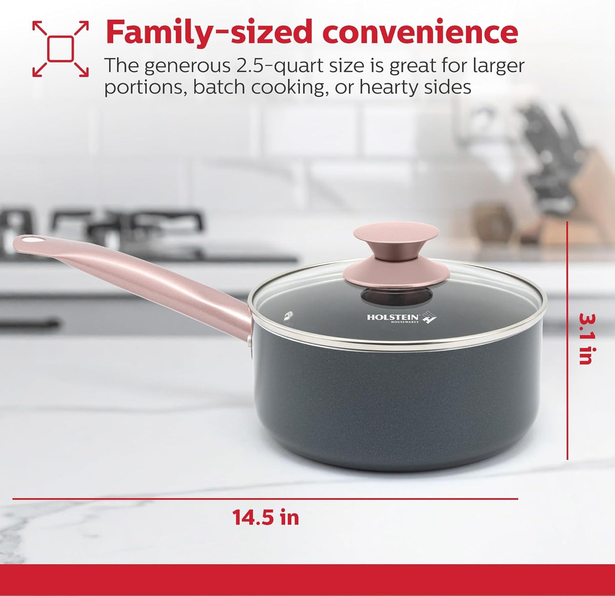 Housewares 2.5QT Ceramic Nonstick Saucepan with Glass Lid, Multipurpose Sauce Pan with Stainless Steel Handle, Induction Bottom – Stylish, Durable & Easy to Clean, Cool Grey & Rose Gold