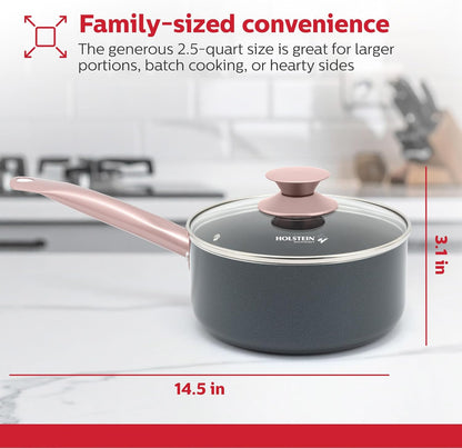 Housewares 2.5QT Ceramic Nonstick Saucepan with Glass Lid, Multipurpose Sauce Pan with Stainless Steel Handle, Induction Bottom – Stylish, Durable & Easy to Clean, Cool Grey & Rose Gold