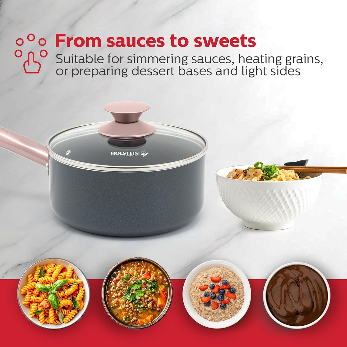 Housewares 2.5QT Ceramic Nonstick Saucepan with Glass Lid, Multipurpose Sauce Pan with Stainless Steel Handle, Induction Bottom – Stylish, Durable & Easy to Clean, Cool Grey & Rose Gold