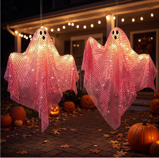 2 Pcs 2 Pcs Halloween Hanging Ghost Light up Sequins Decor, Pink