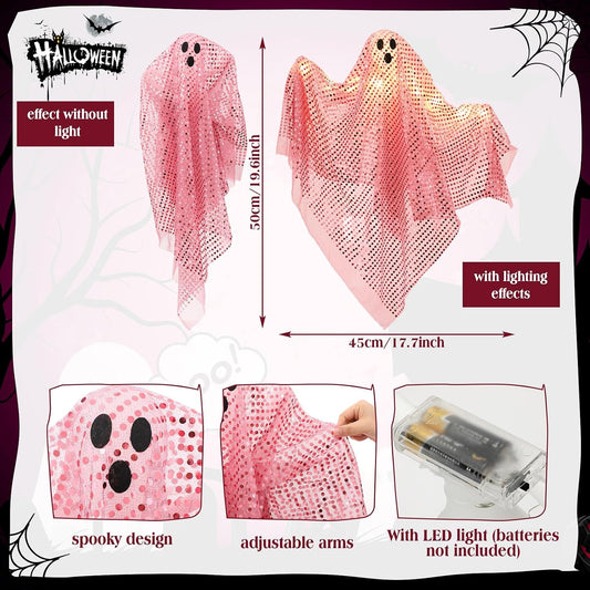 2 Pcs 2 Pcs Halloween Hanging Ghost Light up Sequins Decor, Pink