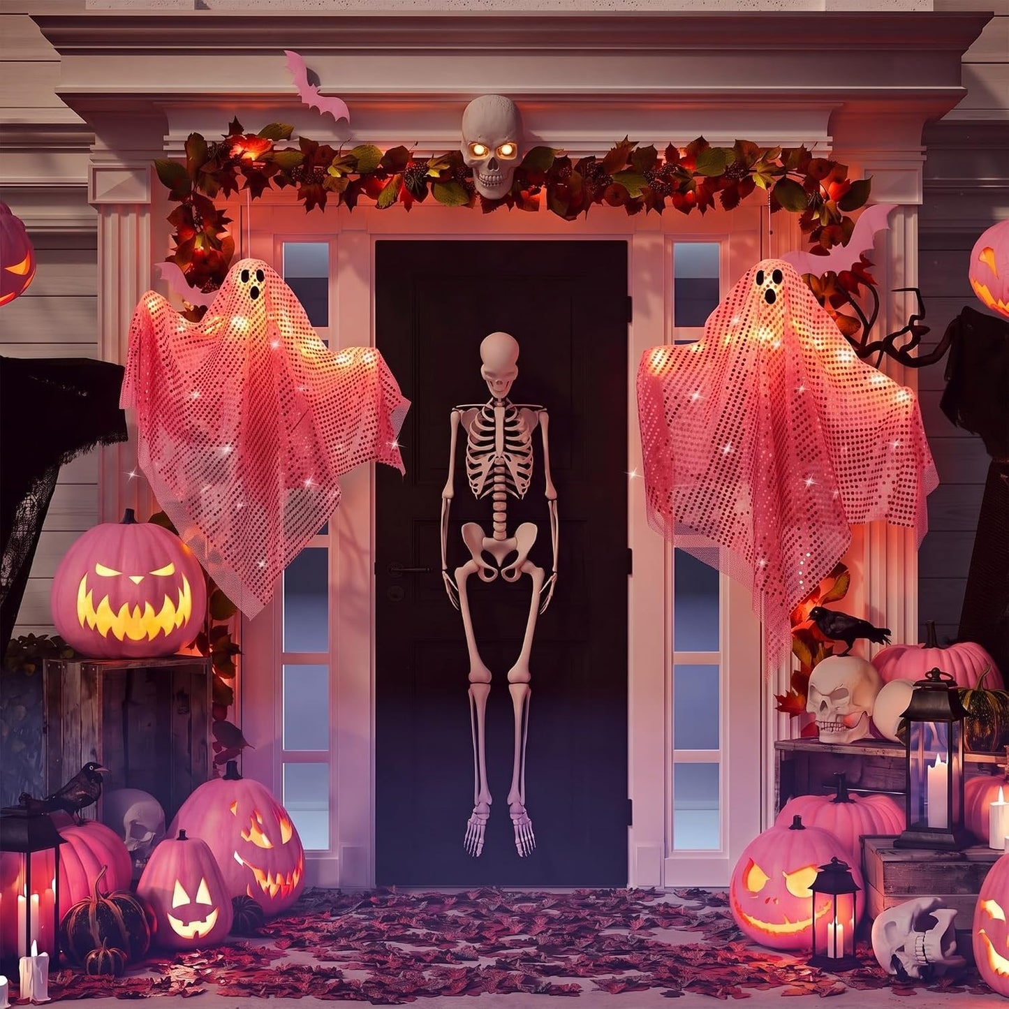 2 Pcs 2 Pcs Halloween Hanging Ghost Light up Sequins Decor, Pink