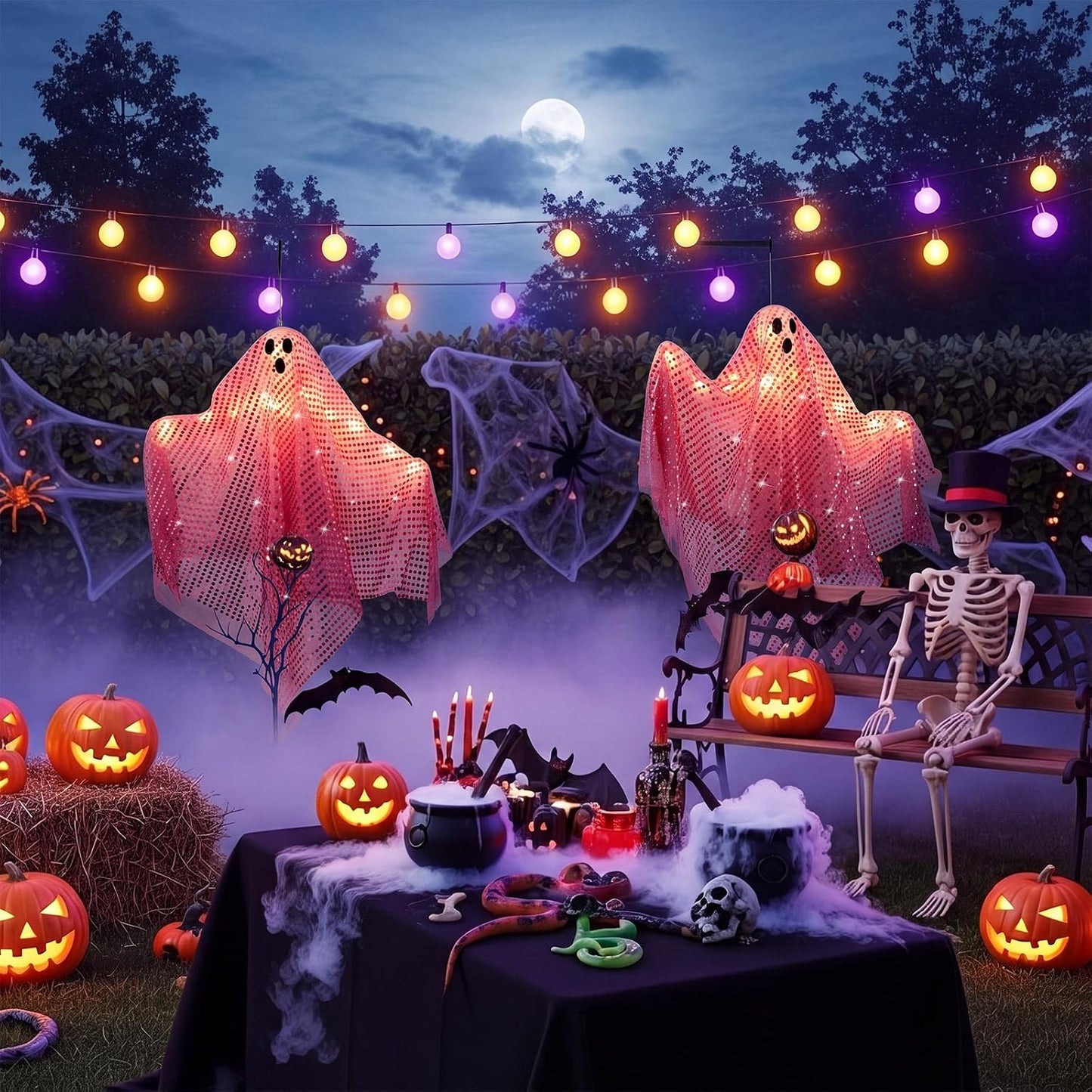 2 Pcs 2 Pcs Halloween Hanging Ghost Light up Sequins Decor, Pink