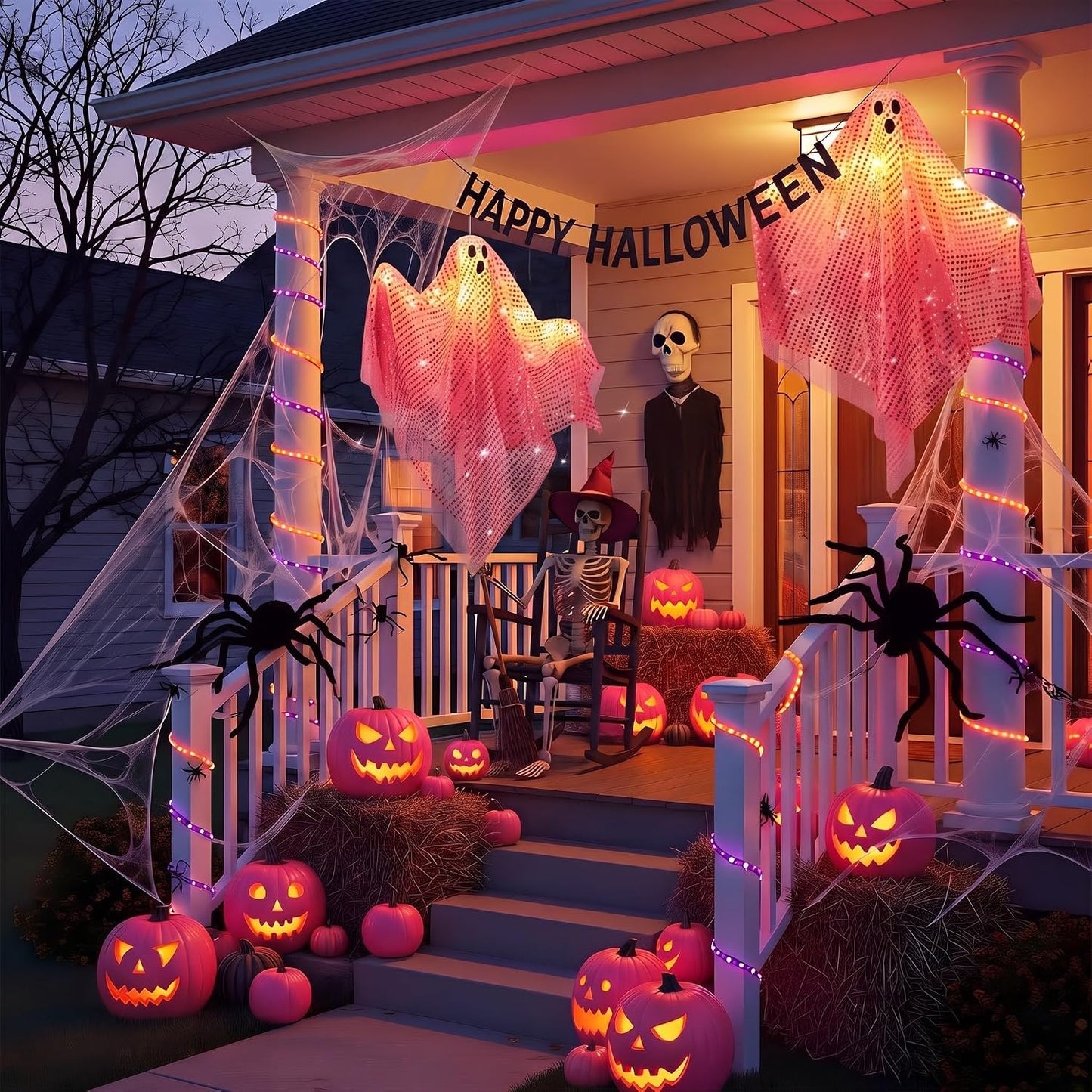 2 Pcs 2 Pcs Halloween Hanging Ghost Light up Sequins Decor, Pink