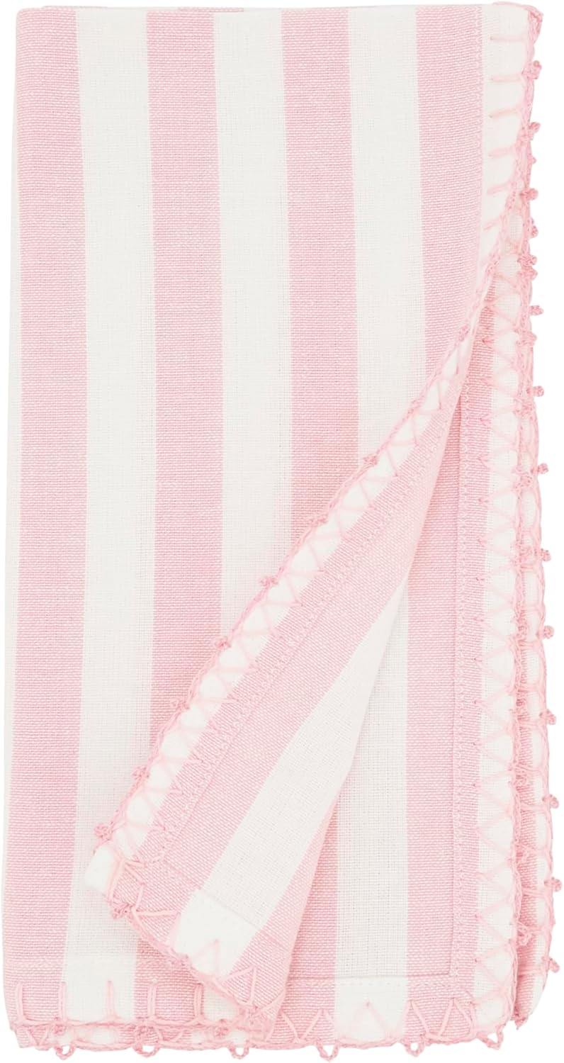 Saro Lifestyle Lively Pompom Border Striped Napkin (Set of 4), Pink, 20"