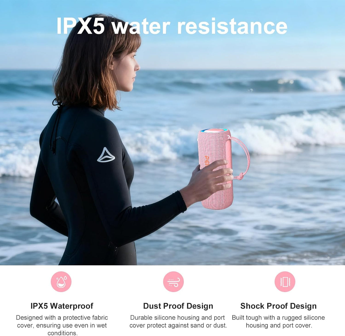 Bluetooth Speaker, Portable Wireless Clear Loud Stereo Sound IPX5 Waterproof with RGB Lights BT5.3 Long Playtime TWS Pairing,for Home Party Outdoor Beach,Great Gift Choice (Pink)