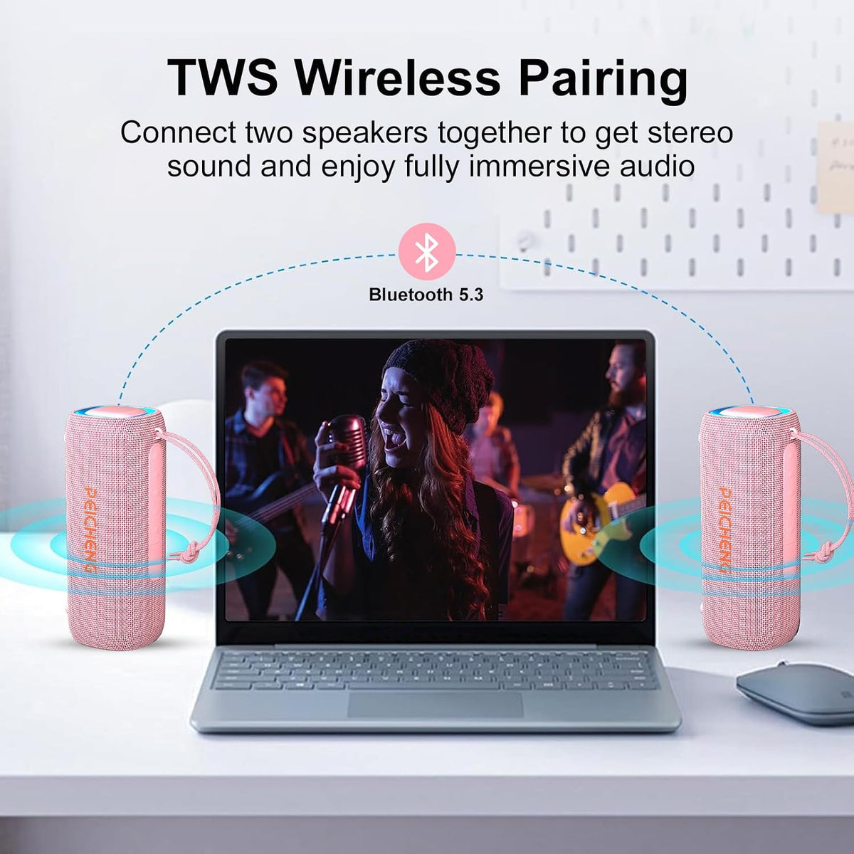 Bluetooth Speaker, Portable Wireless Clear Loud Stereo Sound IPX5 Waterproof with RGB Lights BT5.3 Long Playtime TWS Pairing,for Home Party Outdoor Beach,Great Gift Choice (Pink)