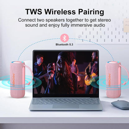 Bluetooth Speaker, Portable Wireless Clear Loud Stereo Sound IPX5 Waterproof with RGB Lights BT5.3 Long Playtime TWS Pairing,for Home Party Outdoor Beach,Great Gift Choice (Pink)