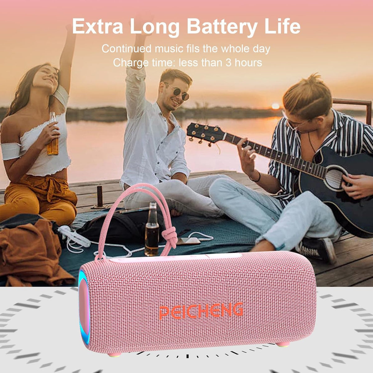 Bluetooth Speaker, Portable Wireless Clear Loud Stereo Sound IPX5 Waterproof with RGB Lights BT5.3 Long Playtime TWS Pairing,for Home Party Outdoor Beach,Great Gift Choice (Pink)