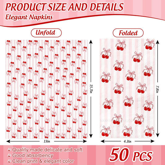 JarThenaAMCS 50 Pcs Cherry Guest Napkins Pink Striped Paper Napkins Disposable Bathroom Hand Towels for Baby Shower Gender Reveal Birthday Party Dinner Table Supplies