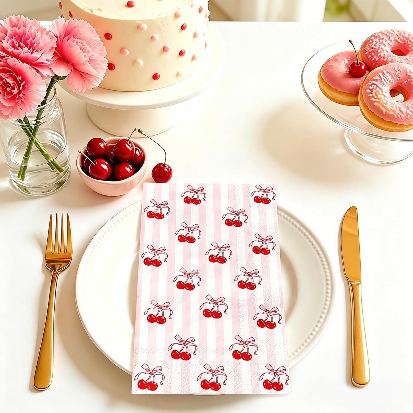 JarThenaAMCS 50 Pcs Cherry Guest Napkins Pink Striped Paper Napkins Disposable Bathroom Hand Towels for Baby Shower Gender Reveal Birthday Party Dinner Table Supplies