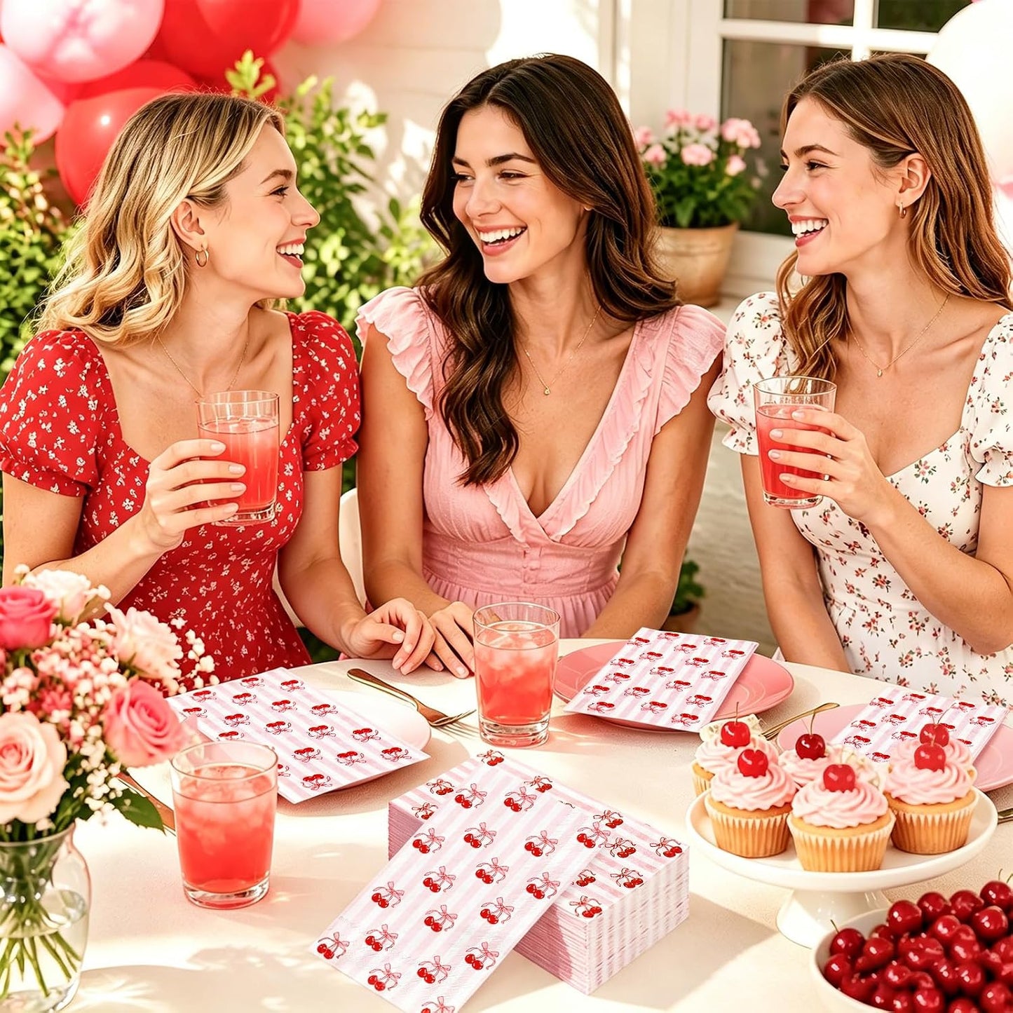 JarThenaAMCS 50 Pcs Cherry Guest Napkins Pink Striped Paper Napkins Disposable Bathroom Hand Towels for Baby Shower Gender Reveal Birthday Party Dinner Table Supplies