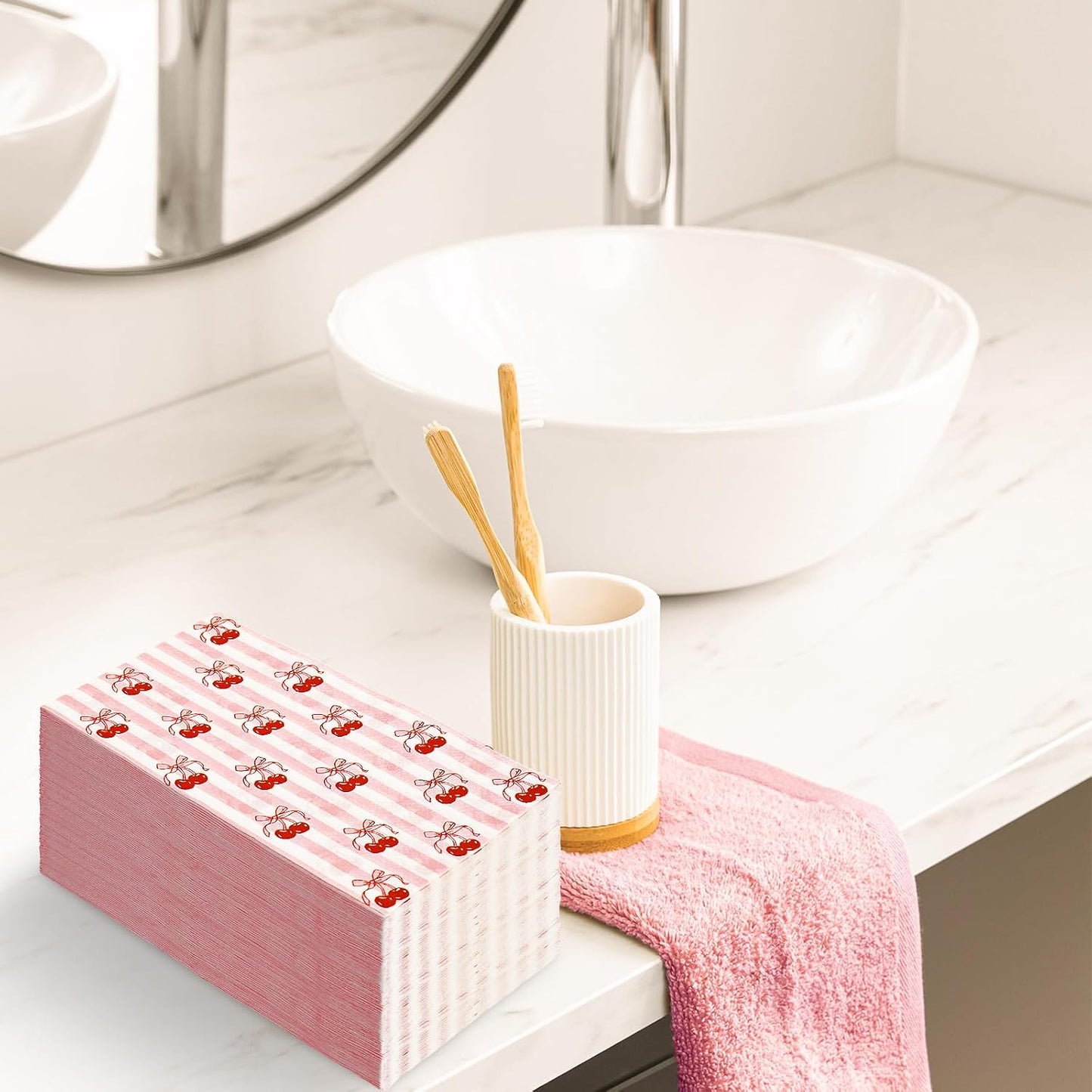 JarThenaAMCS 50 Pcs Cherry Guest Napkins Pink Striped Paper Napkins Disposable Bathroom Hand Towels for Baby Shower Gender Reveal Birthday Party Dinner Table Supplies