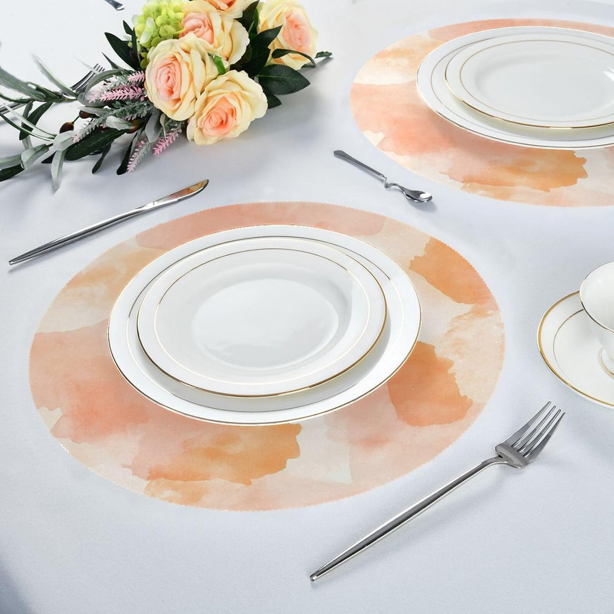Placemats Set of 6 Peach Pattern Round Table Mats for Kitchen and Dining Washable Place Mats Heat Resistant Table Decoration 15.4 inch
