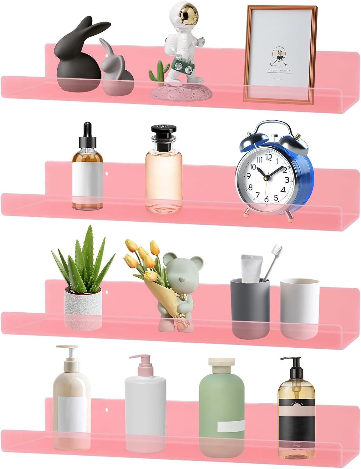 4 Pack Acrylic Shelves for Wall, 15" Acrylic Floating Shelves for Bathroom Bedroom, Invisible Bookshelf Wall Ledge Storage Shelf Books Perfume Toys Action Figure Display Shelves, Pink