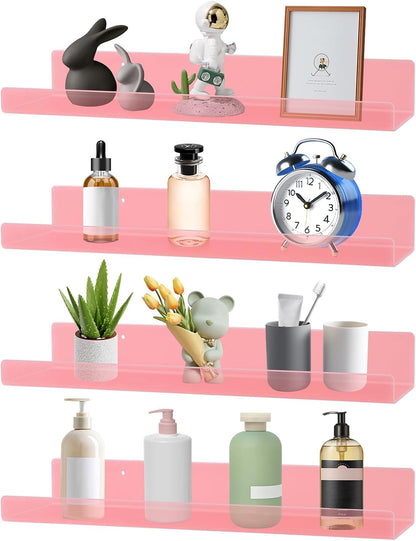 4 Pack Acrylic Shelves for Wall, 15" Acrylic Floating Shelves for Bathroom Bedroom, Invisible Bookshelf Wall Ledge Storage Shelf Books Perfume Toys Action Figure Display Shelves, Pink