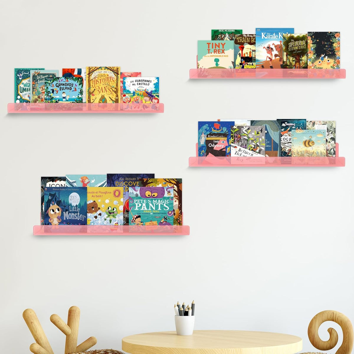 4 Pack Acrylic Shelves for Wall, 15" Acrylic Floating Shelves for Bathroom Bedroom, Invisible Bookshelf Wall Ledge Storage Shelf Books Perfume Toys Action Figure Display Shelves, Pink