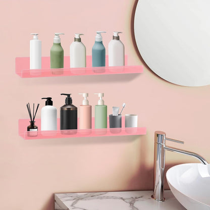 4 Pack Acrylic Shelves for Wall, 15" Acrylic Floating Shelves for Bathroom Bedroom, Invisible Bookshelf Wall Ledge Storage Shelf Books Perfume Toys Action Figure Display Shelves, Pink