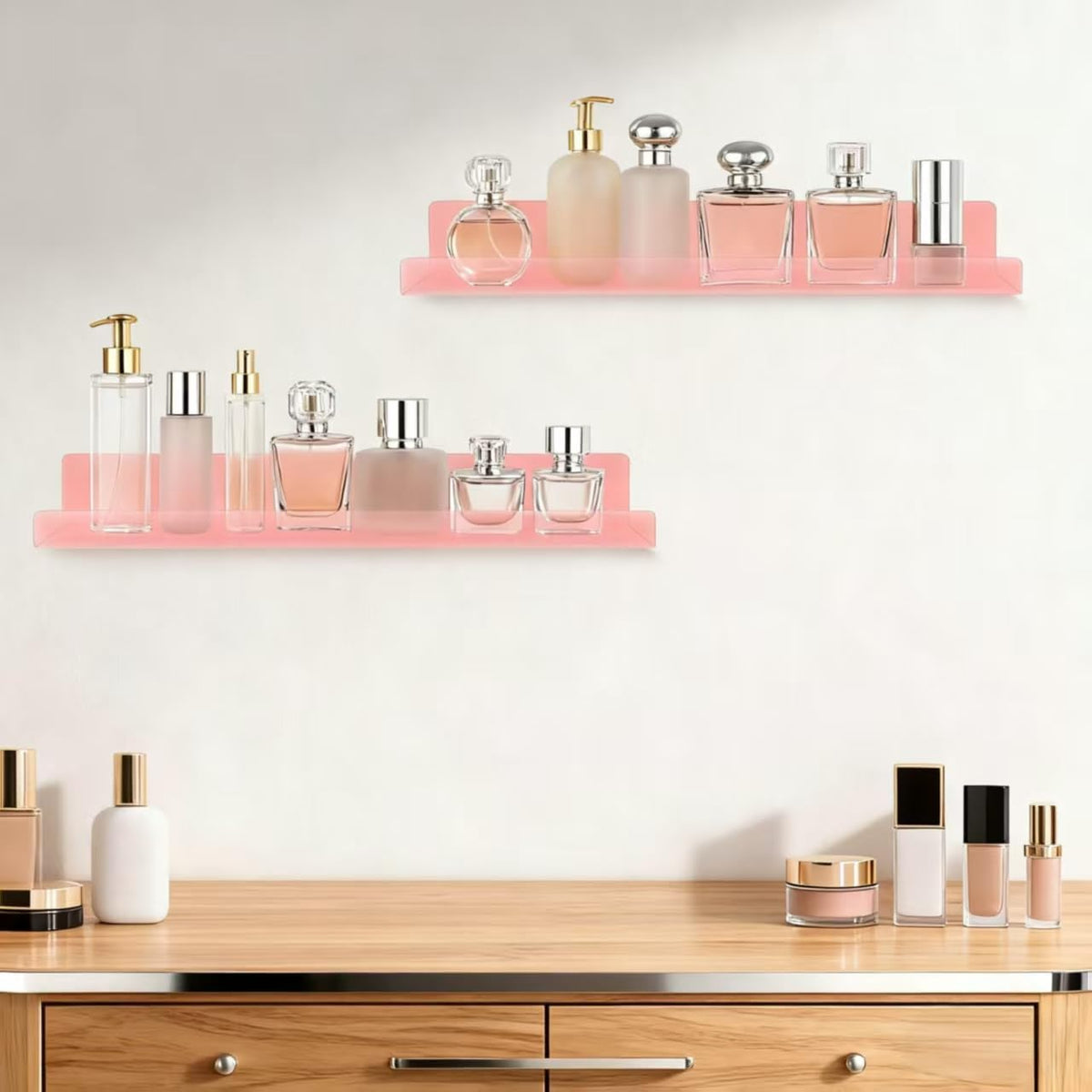 4 Pack Acrylic Shelves for Wall, 15" Acrylic Floating Shelves for Bathroom Bedroom, Invisible Bookshelf Wall Ledge Storage Shelf Books Perfume Toys Action Figure Display Shelves, Pink