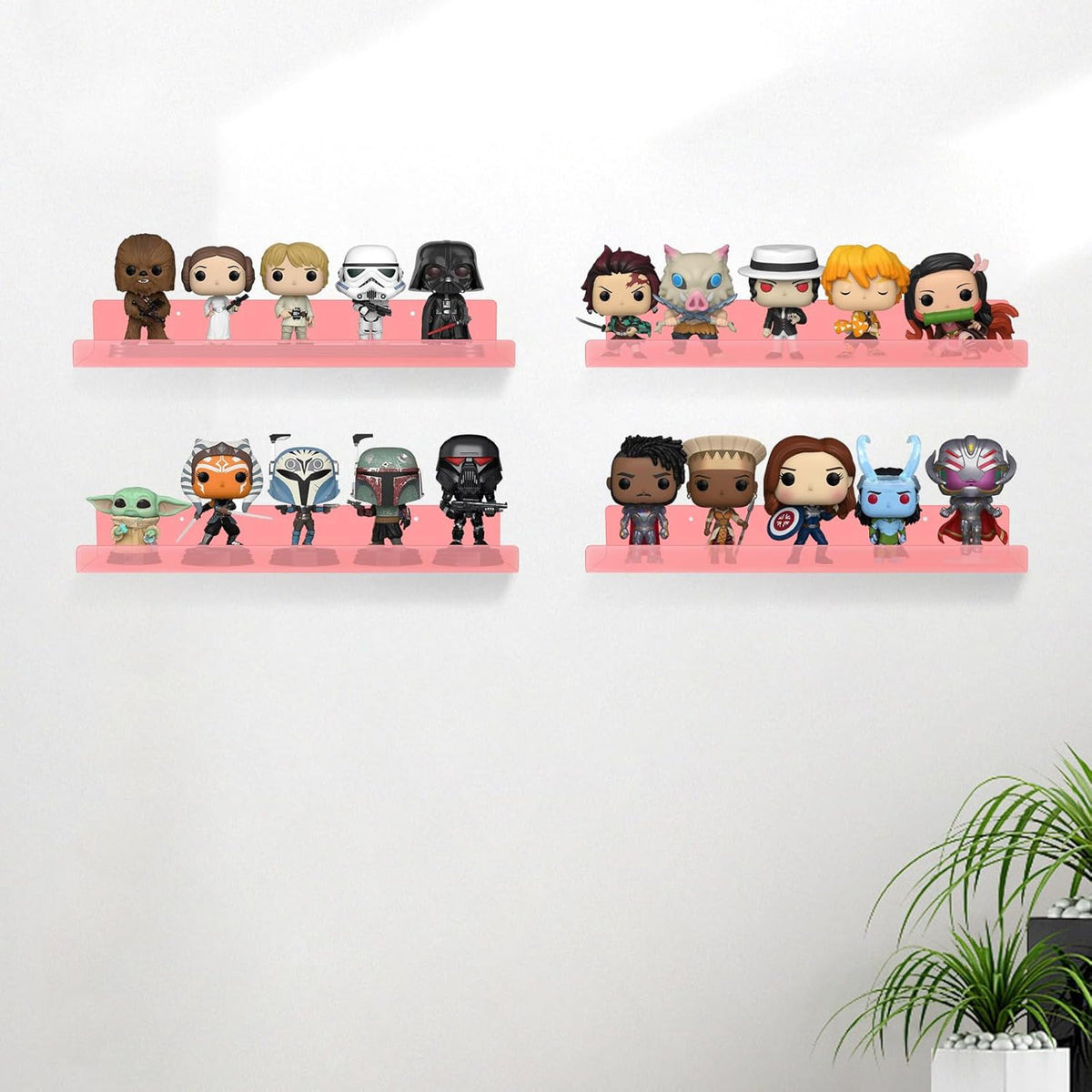 4 Pack Acrylic Shelves for Wall, 15" Acrylic Floating Shelves for Bathroom Bedroom, Invisible Bookshelf Wall Ledge Storage Shelf Books Perfume Toys Action Figure Display Shelves, Pink
