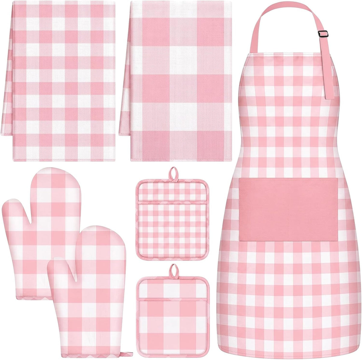 7 Pcs Pink Buffalo Check Kitchen Decor Accessories Set Pink Gingham Apron Towel Pot Mat Oven Mitt Set 1 Apron 2 Dish Towels 2 Pot Mats 2 Oven Mittens Glove Baking Cooking Gift for Women
