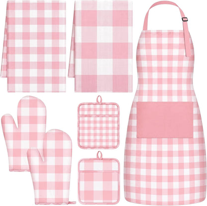 7 Pcs Pink Buffalo Check Kitchen Decor Accessories Set Pink Gingham Apron Towel Pot Mat Oven Mitt Set 1 Apron 2 Dish Towels 2 Pot Mats 2 Oven Mittens Glove Baking Cooking Gift for Women