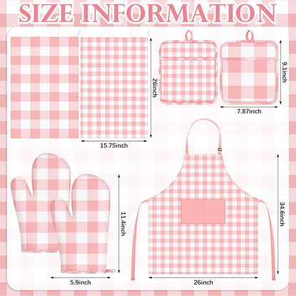 7 Pcs Pink Buffalo Check Kitchen Decor Accessories Set Pink Gingham Apron Towel Pot Mat Oven Mitt Set 1 Apron 2 Dish Towels 2 Pot Mats 2 Oven Mittens Glove Baking Cooking Gift for Women