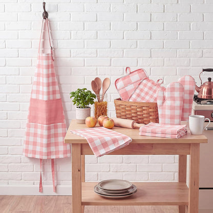 7 Pcs Pink Buffalo Check Kitchen Decor Accessories Set Pink Gingham Apron Towel Pot Mat Oven Mitt Set 1 Apron 2 Dish Towels 2 Pot Mats 2 Oven Mittens Glove Baking Cooking Gift for Women