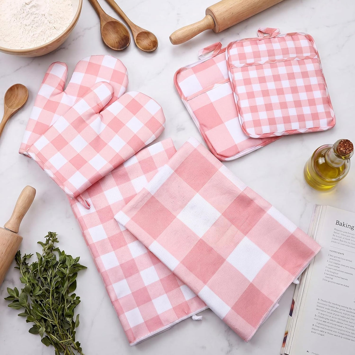 7 Pcs Pink Buffalo Check Kitchen Decor Accessories Set Pink Gingham Apron Towel Pot Mat Oven Mitt Set 1 Apron 2 Dish Towels 2 Pot Mats 2 Oven Mittens Glove Baking Cooking Gift for Women