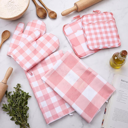 7 Pcs Pink Buffalo Check Kitchen Decor Accessories Set Pink Gingham Apron Towel Pot Mat Oven Mitt Set 1 Apron 2 Dish Towels 2 Pot Mats 2 Oven Mittens Glove Baking Cooking Gift for Women