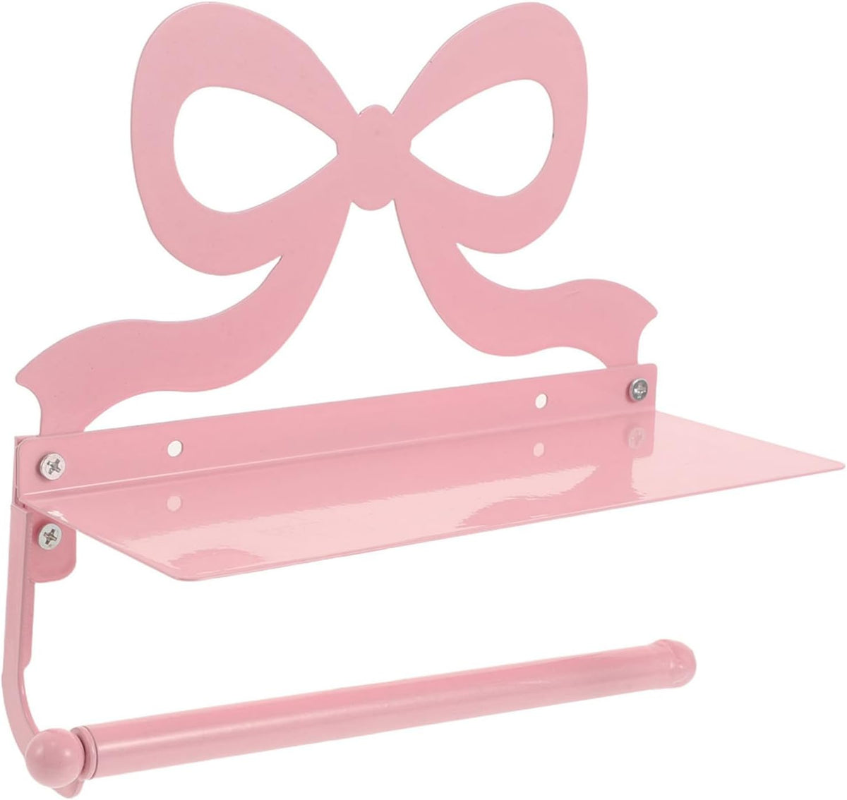 Toilet Paper Holder with Phone Shelf - Pink Bow Wall Mount Tissue Roll Holder - Decorative Tissue Dispenser Stand - Wedding Bathroom Decor Accessory