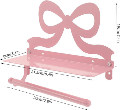 Toilet Paper Holder with Phone Shelf - Pink Bow Wall Mount Tissue Roll Holder - Decorative Tissue Dispenser Stand - Wedding Bathroom Decor Accessory