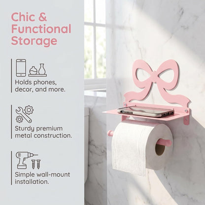 Toilet Paper Holder with Phone Shelf - Pink Bow Wall Mount Tissue Roll Holder - Decorative Tissue Dispenser Stand - Wedding Bathroom Decor Accessory