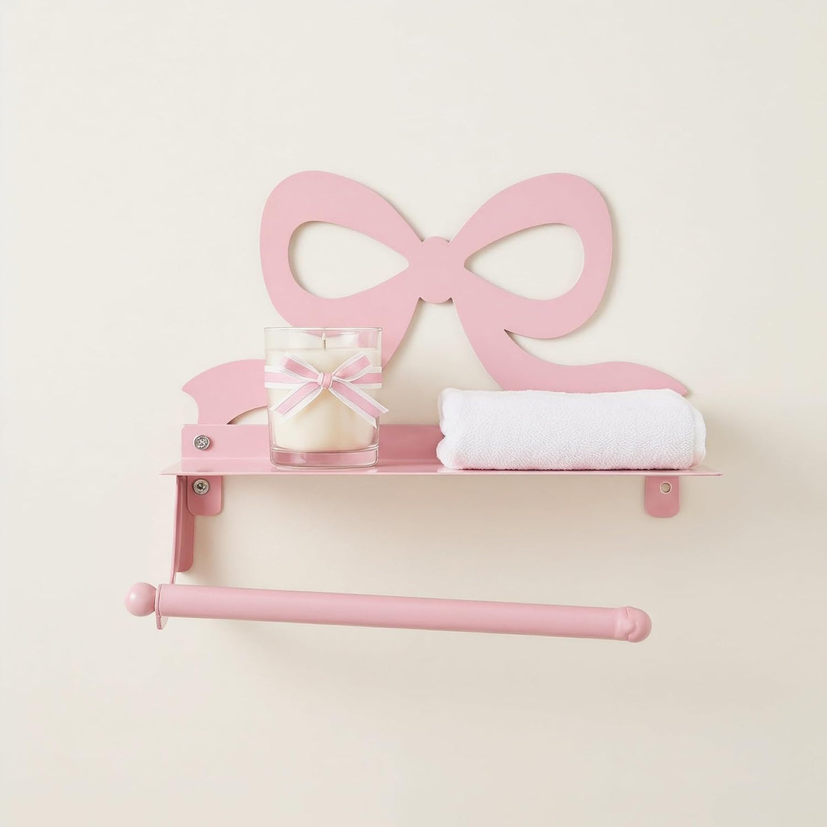 Toilet Paper Holder with Phone Shelf - Pink Bow Wall Mount Tissue Roll Holder - Decorative Tissue Dispenser Stand - Wedding Bathroom Decor Accessory